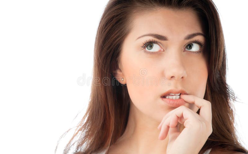 Mulher jovem e bonita a pensar imagens de stock