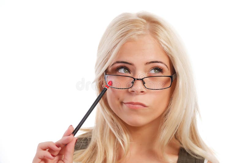 Pensamento da jovem mulher foto de stock royalty free Pensamento da jovem mulher foto de stock royalty free