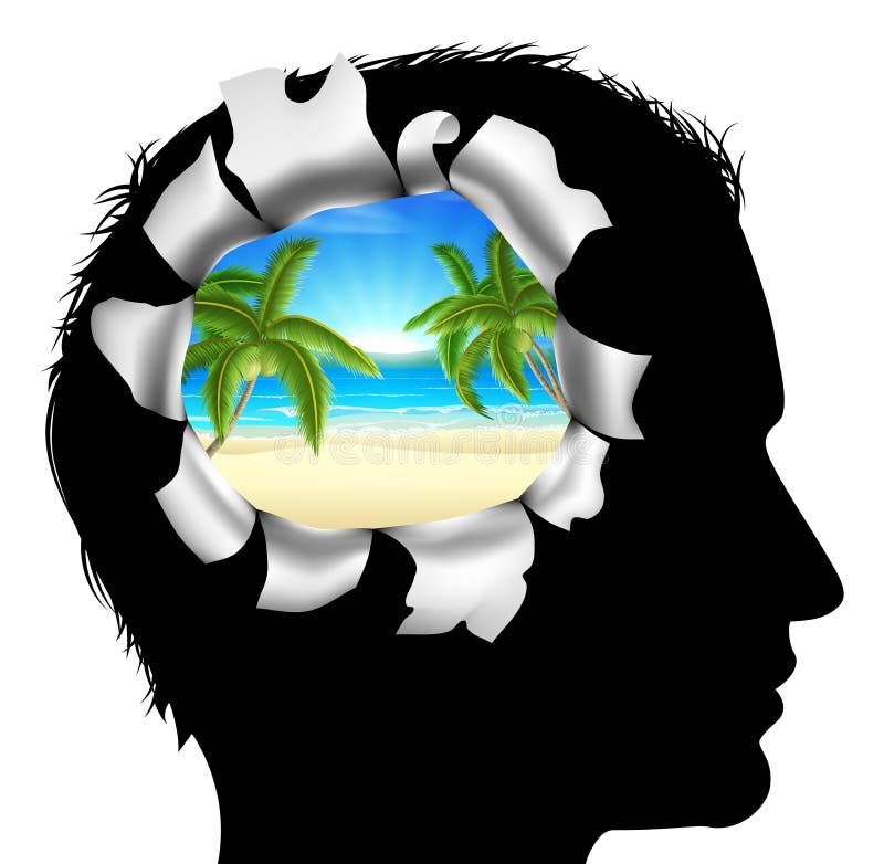 A mans head in silhouette with a tropical beach vacation scene. Concept for thinking or dreaming about a tropical beach vacation. A mans head in silhouette with a tropical beach vacation scene. Concept for thinking or dreaming about a tropical beach vacation