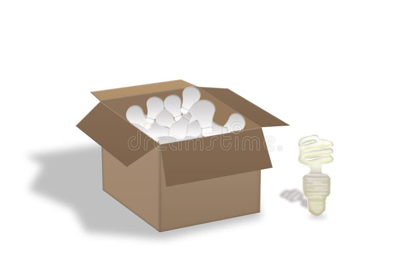 Raster illustration of a cardboard box filled with generic incandescent bulbs inside, and an energy saving'smart' fluorescent bulb outside. Standing out from the crowd, progressive etc. Raster illustration of a cardboard box filled with generic incandescent bulbs inside, and an energy saving'smart' fluorescent bulb outside. Standing out from the crowd, progressive etc.