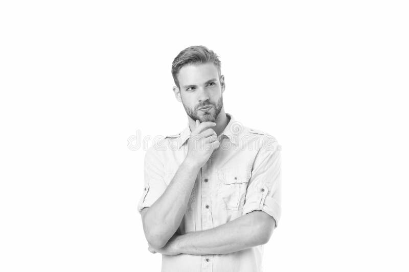 Pense para resolver Homem com fundo branco de pensamento da cara s?ria da cerda Toques pensativos do indiv?duo seu queixo Pensati fotos de stock Pense para resolver Homem com fundo branco de pensamento da cara s?ria da cerda Toques pensativos do indiv?duo seu queixo Pensati fotos de stock