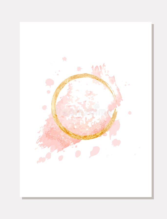 Penseldrag med rosa och nakna penseldrag med runda ramar i guld Abstrakt konstnärlig vattenfärgsbakgrund med rosa plaster vektor illustrationer