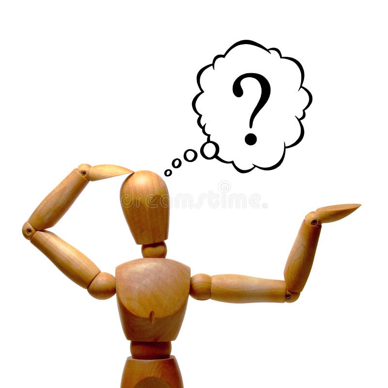 An artist's manakin posed with a cartoon thought bubble containing a question mark. Isolated over pure white. An artist's manakin posed with a cartoon thought bubble containing a question mark. Isolated over pure white.