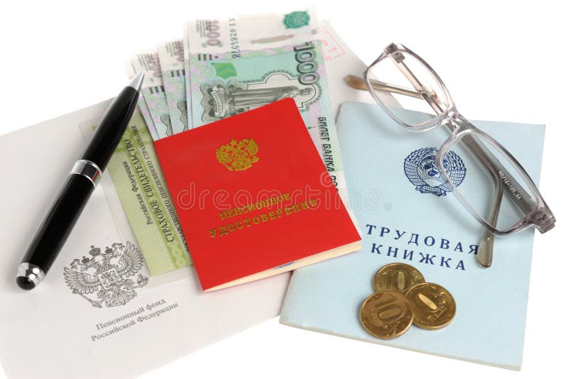 Pension documents, money, envelope, pen and glasses isolated on