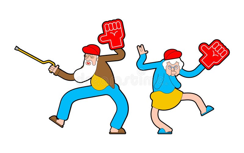 Pensioner fan with foam arm. Grandfather and grandmother Fanatic isolated vector illustration vector illustration Pensioner fan with foam arm. Grandfather and grandmother Fanatic isolated vector illustration vector illustration