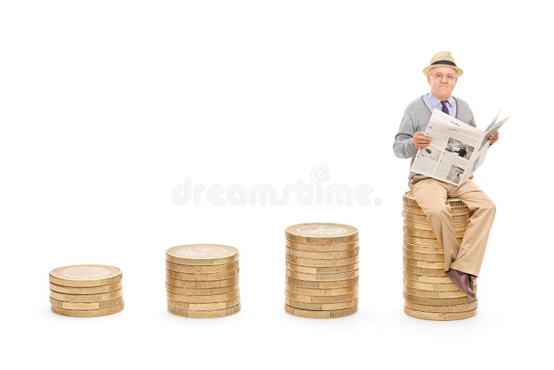 Pensioner reading the news on a pile of coins