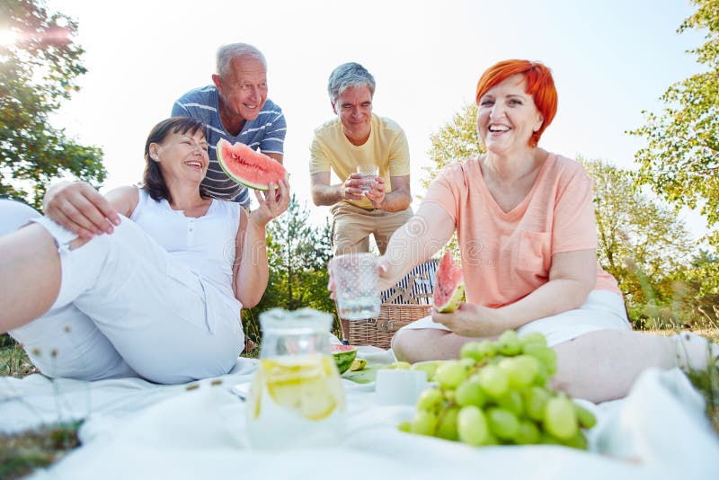 Pensionärer som äter frukter i en picknick arkivbilder Pensionärer som äter frukter i en picknick arkivbilder
