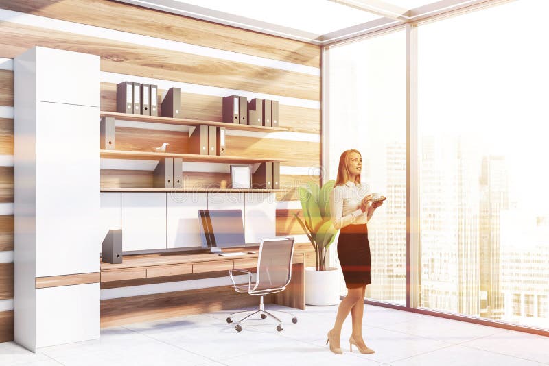 Woman in white and wooden office royalty free stock images Woman in white and wooden office royalty free stock images