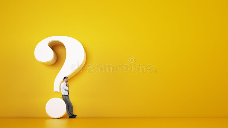 Man leaning on a big white question mark on a yellow background. 3D Rendering royalty free illustration Man leaning on a big white question mark on a yellow background. 3D Rendering royalty free illustration
