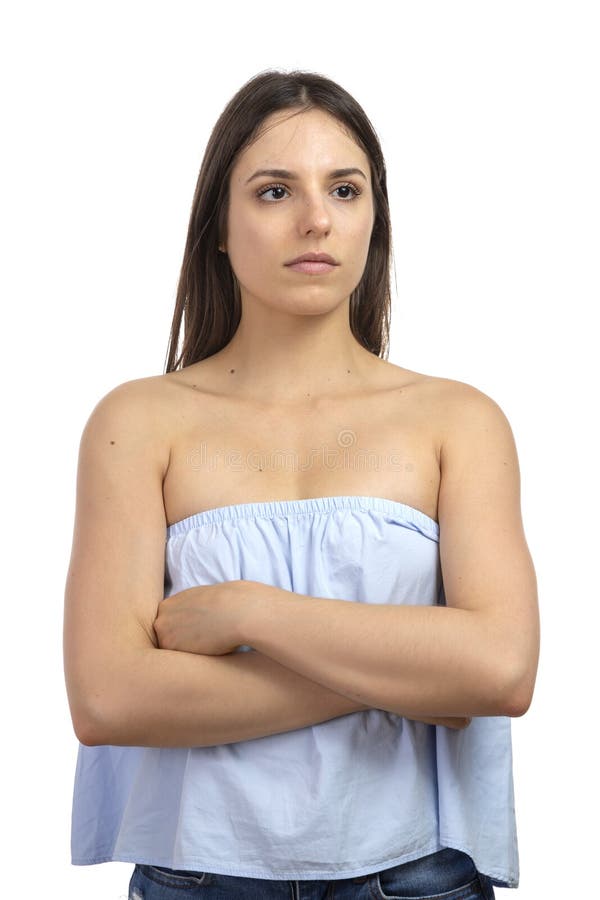 Pensive young girl posing on a white background. stock images