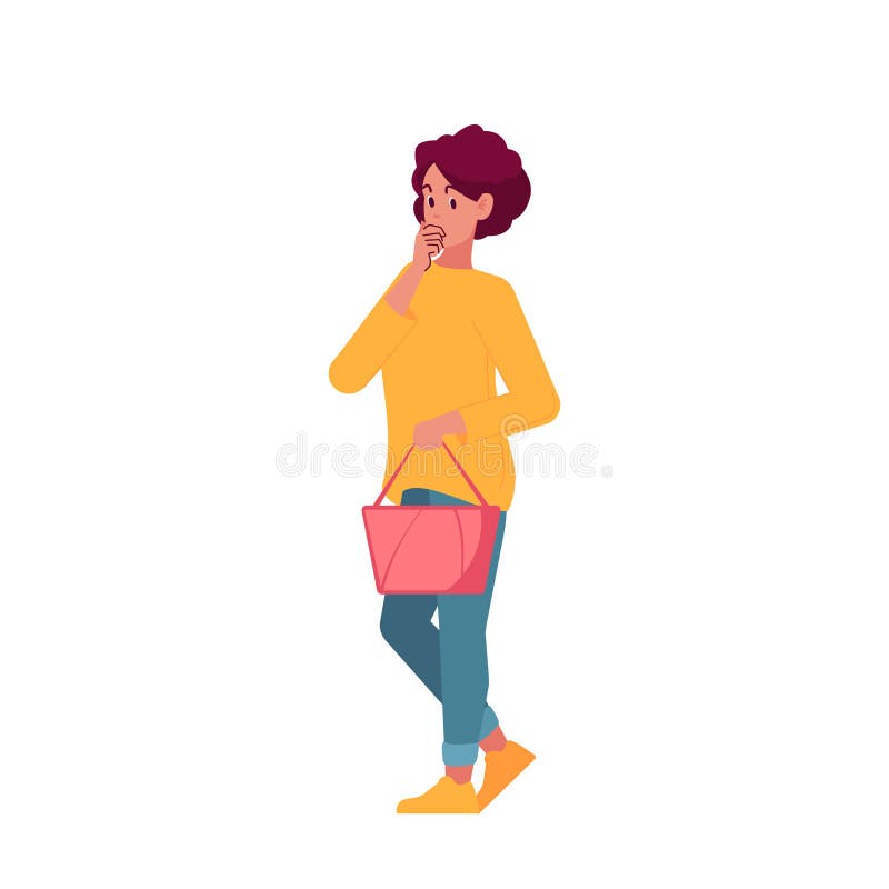 Pensive Female Character Thinking Isolated On White Background. Thoughtful Woman Solving Problem, Searching Solution stock illustration