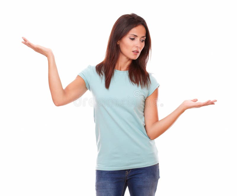Pensive female holding her palms up stock photos Pensive female holding her palms up stock photos