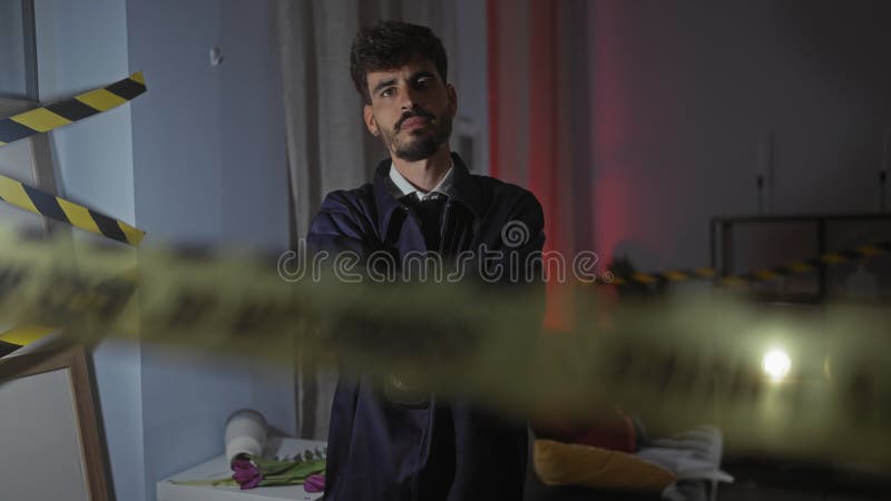 A pensive man stands behind police tape at a dimly lit indoor crime scene with scattered documents stock photos