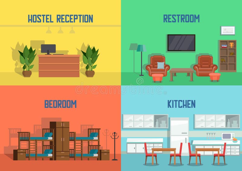 Hostel and Real Estate Service. Hostel Reception, Restroom, Bedroom, Kitchen. Real Estate Agency Concept. Apartment Interior in Hotel. Booking Hostel. Vector Flat Illustration. Hostel and Real Estate Service. Hostel Reception, Restroom, Bedroom, Kitchen. Real Estate Agency Concept. Apartment Interior in Hotel. Booking Hostel. Vector Flat Illustration.