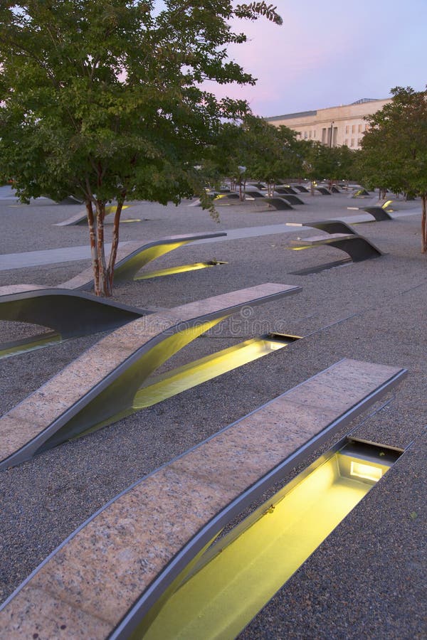 The Pentagon Memorial features 184 empty benches at sunset, a Memorial to commemorate the anniversary of the September 11, 2011 attacks, in Arlington VA., Washington, DC, USA.