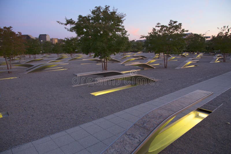 The Pentagon Memorial features 184 empty benches at sunset, a Memorial to commemorate the anniversary of the September 11, 2011 attacks, in Arlington VA., Washington, DC, USA.