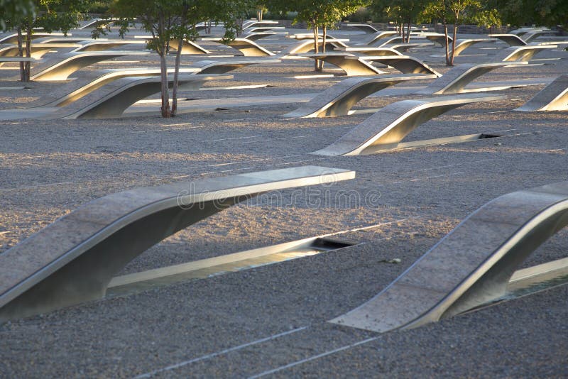 The Pentagon Memorial features 184 empty benches, a Memorial to commemorate the anniversary of the September 11, 2011 attacks, in Arlington VA., Washington, DC, USA.