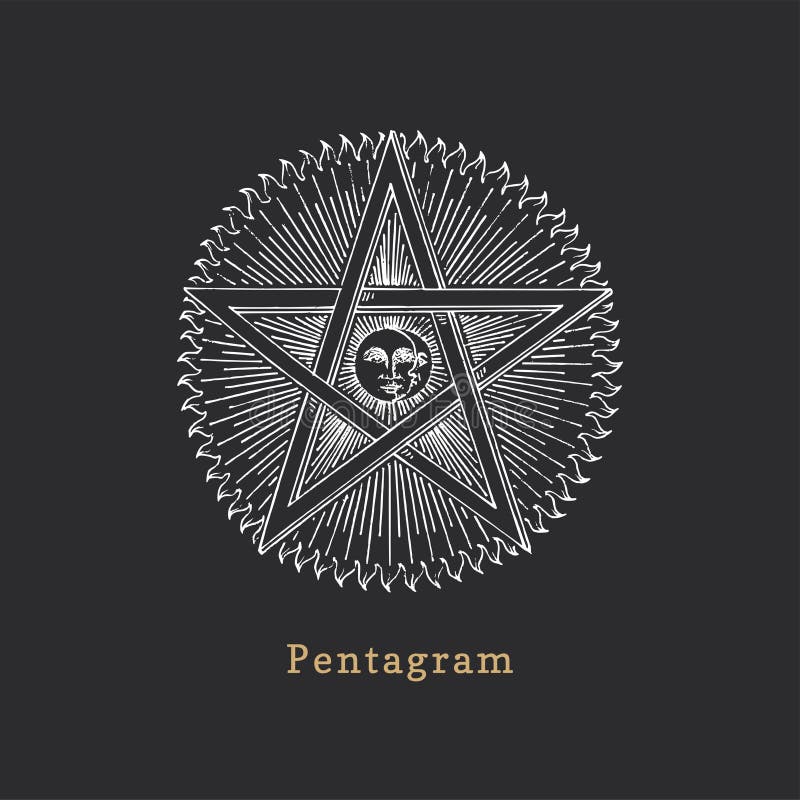 Pentagram with Sun and Crescent, vector illustration in engraving style. Vintage pastiche of esoteric and occult sign.