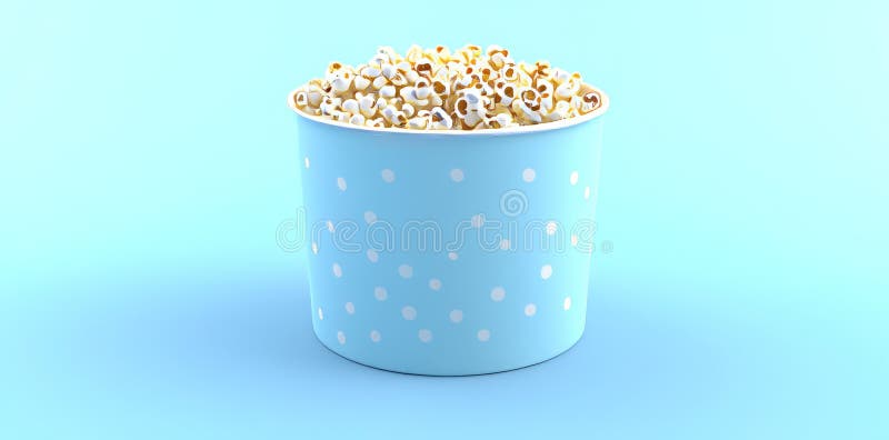 Pentru o gustare veselă, popcorn este prezentat într-un recipient colorat cu un fond albastru stock image