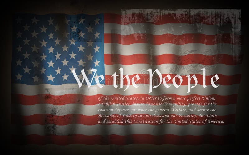 We The People American Constitution. Dramatic USA flag with white text in grunge style