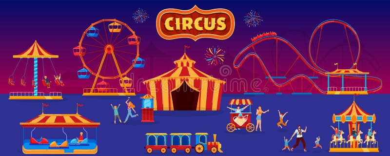 People in amusement park vector illustration, cartoon flat family characters walking in park with circus tent, ride