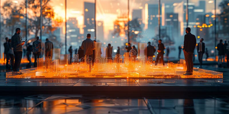 People analyzing a futuristic city model in a high-tech office at sunset stock photo