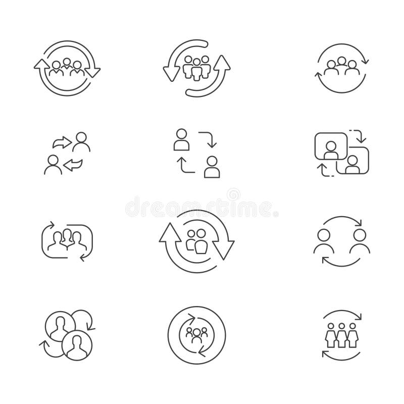 People with arrow reload for reorganization group. Personal change line icon set vector illustration