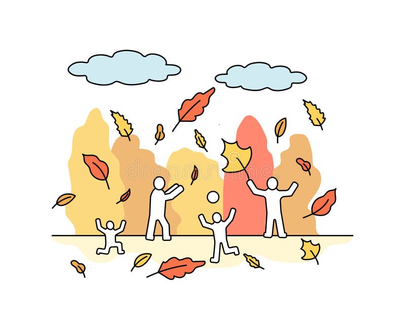 People with autumn leaves in park in orange color vector illustration