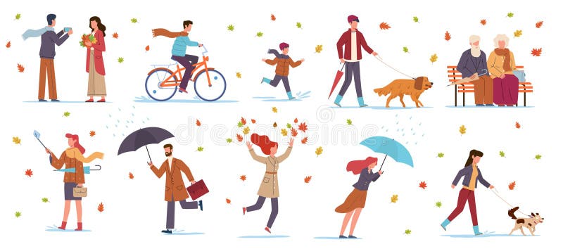 People in autumn park. Characters in fall season walking, riding bicycle, family with umbrella among falling leaves