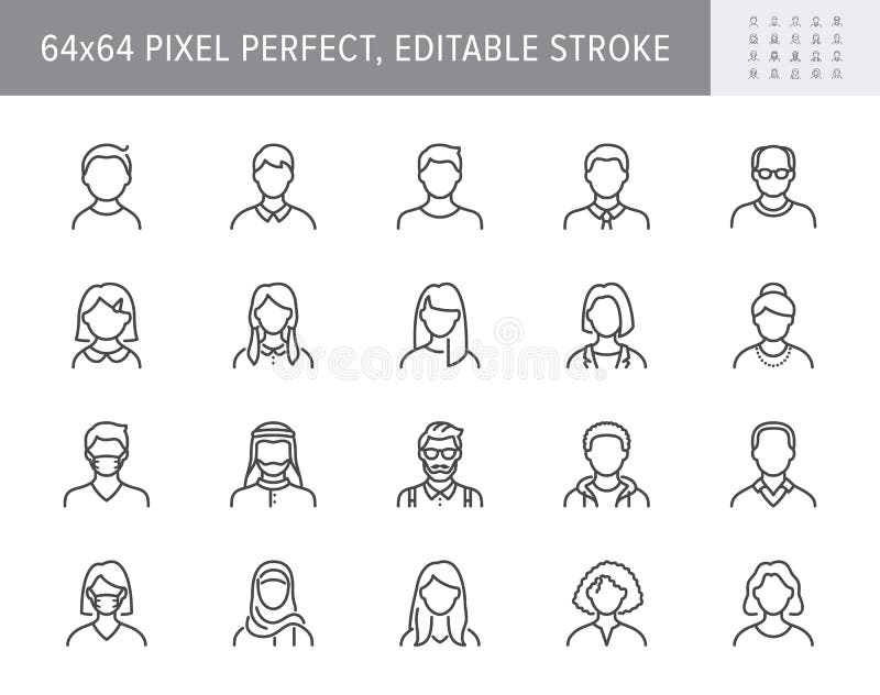 People avatar line icons. Vector illustration included icon as man, female, muslim, senior, adult and young human