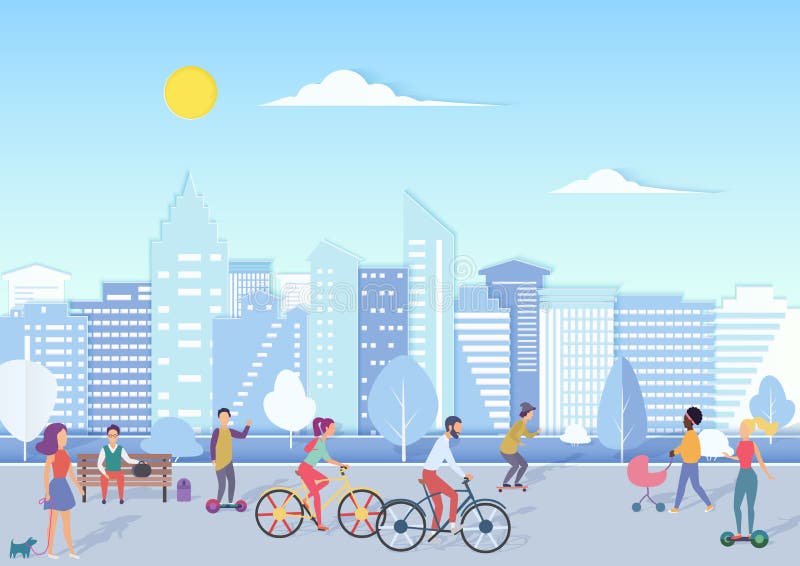 People with bikecycles, hoverboards, babies walking and relaxing in urban city square street with modern city skyline on the background. Trendy flat gradient vector illustration