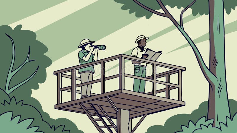 People with binoculars on tree platform, exploration, nature adventure vector design Generative AI vector illustration