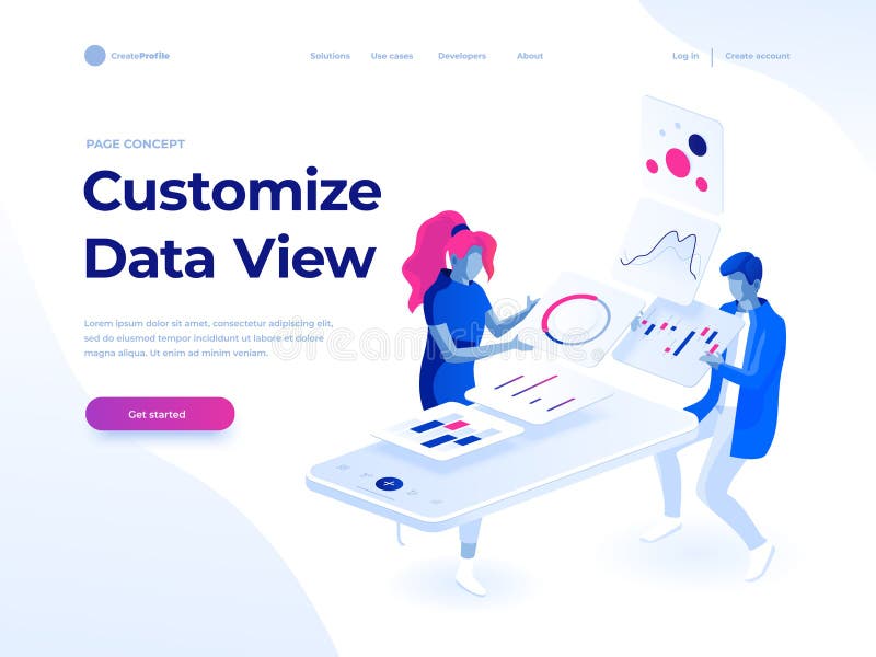 People build a dashboard and interact with graphs. Data analysis, and office situations. Landing page template. vector illustration