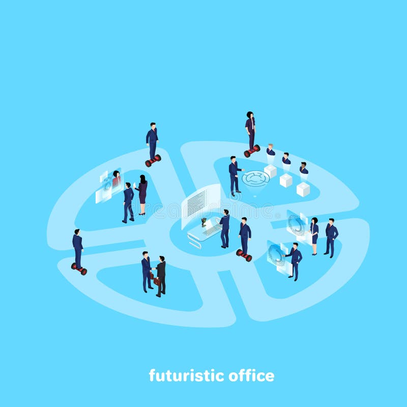 People in business suits work in the futuristic office of the future royalty free illustration