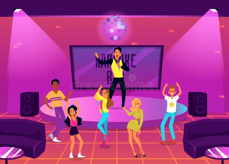 People Having Dance And Music Party In Karaoke Bar Flat Vector Illustration Stock Vector