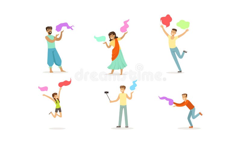 People Celebrating Festival of Color Holi Vector Set royalty free illustration