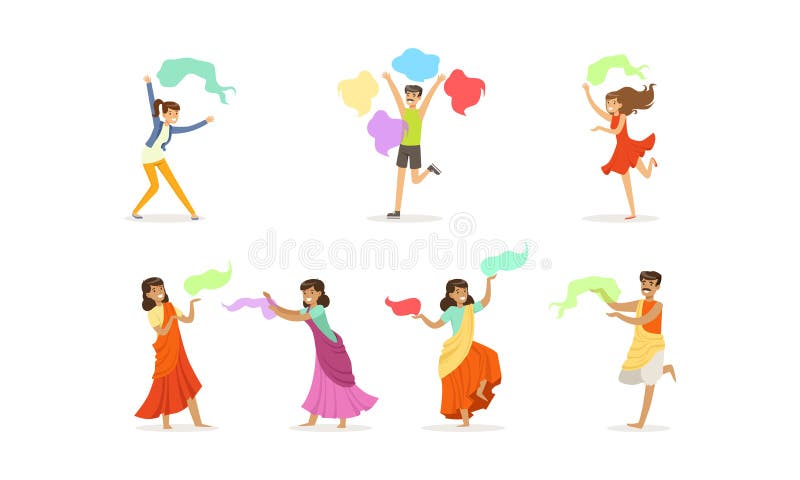 People Celebrating Festival of Color Holi Vector Set stock illustration
