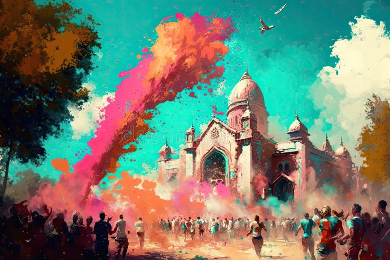 People celebrating the Holi festival of colors on big square near nice buildings. Red colored powser flying against blue sky. AI