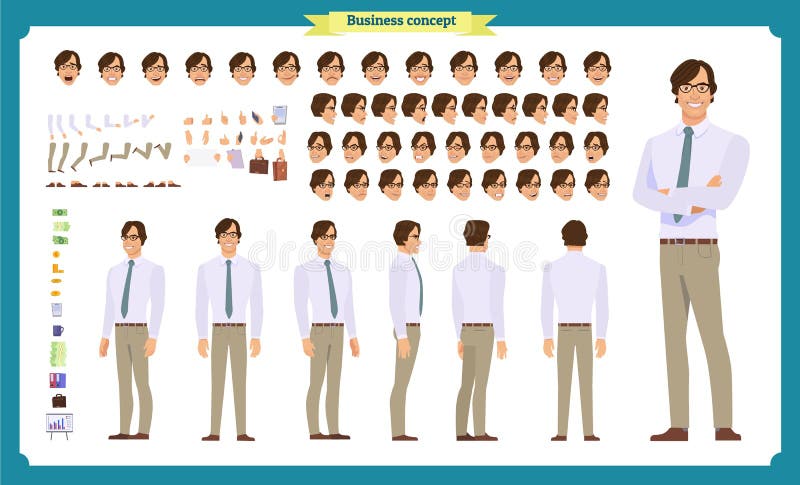 People character business set. Front, side, back view animated character.Businessman character creation set with various views