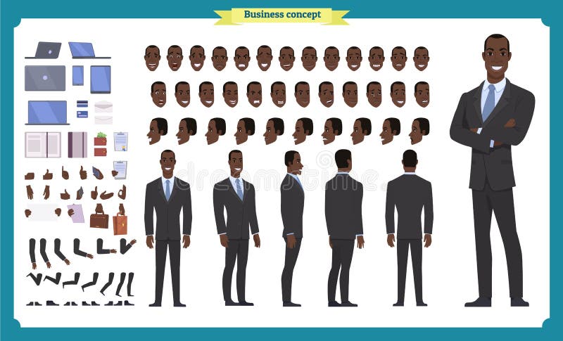 People character business set. Front, side, back view animated character. Black american Businessman character creation set. stock illustration People character business set. Front, side, back view animated character. Black american Businessman character creation set. stock illustration