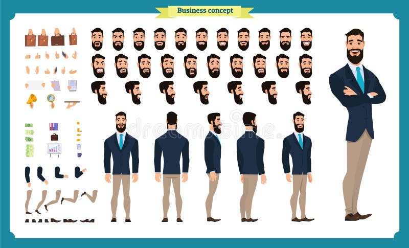 People character business set. Front, side, back view animated character. Businessman character royalty free illustration People character business set. Front, side, back view animated character. Businessman character royalty free illustration