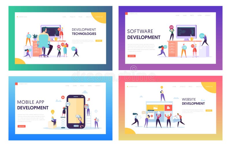 People Character Make Software Development Landing Page. Programming Code on Smartphone and Computer Screen Set vector illustration