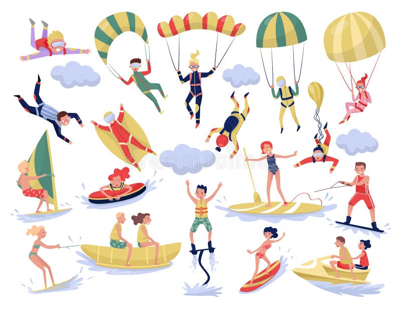 People Characters Engaged in Extreme Water Sport Activity Big Vector Set