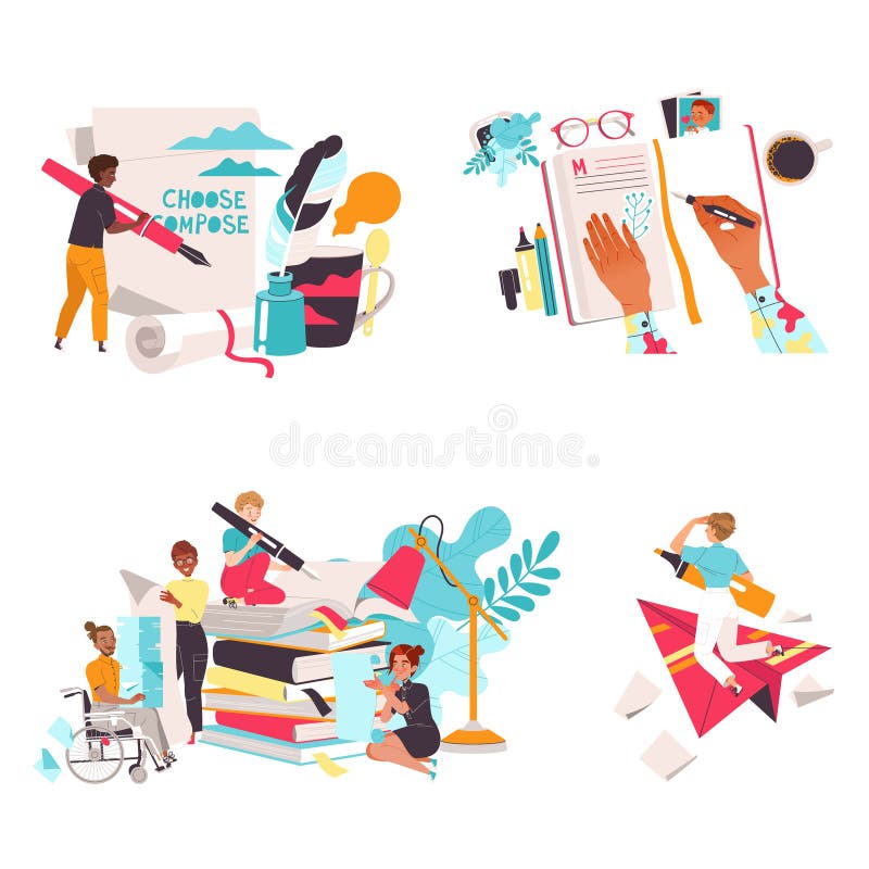 People Characters Working with Text with Paper, Notepad and Books Stack Vector Set vector illustration
