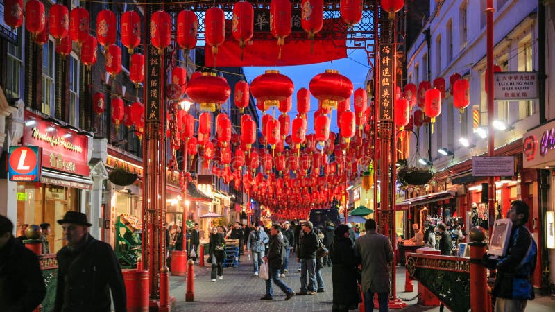People in China Town decorated by Chinese lanterns