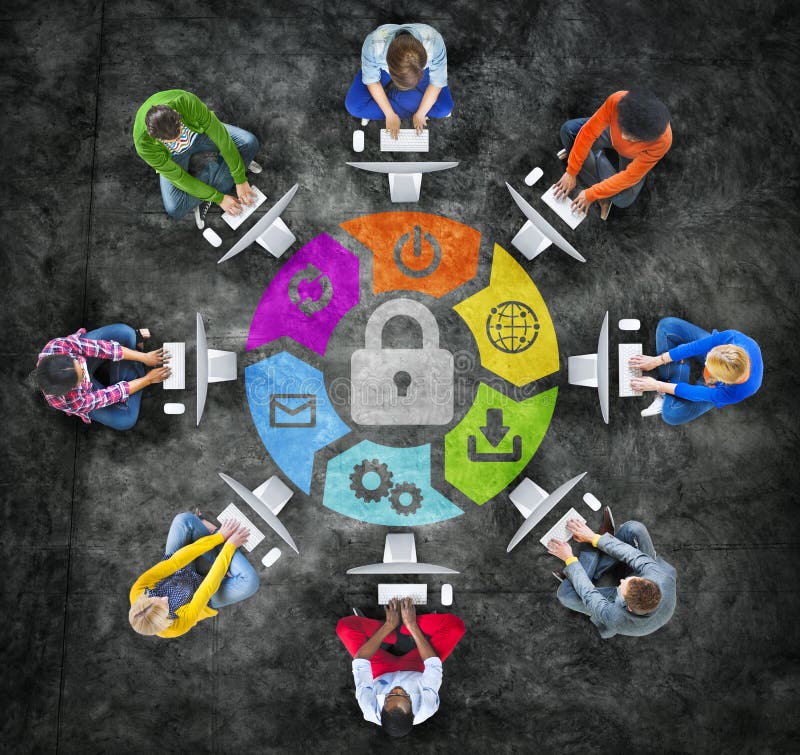 People in a Circle Using Computer with Security Concept stock illustration