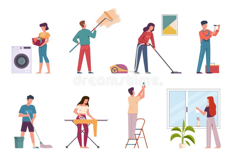 People cleaning. Housework cleaning company service, men and women doing chores. Ironing, washing floor and vacuuming