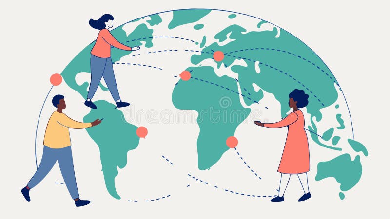 People connecting on world map, globalization teamwork, vector design Generative AI. Features figures connecting around a world map. Represents globalization, teamwork, communication, or international cooperation. Suitable for business themes, news, or educational content, vector design Generative AI