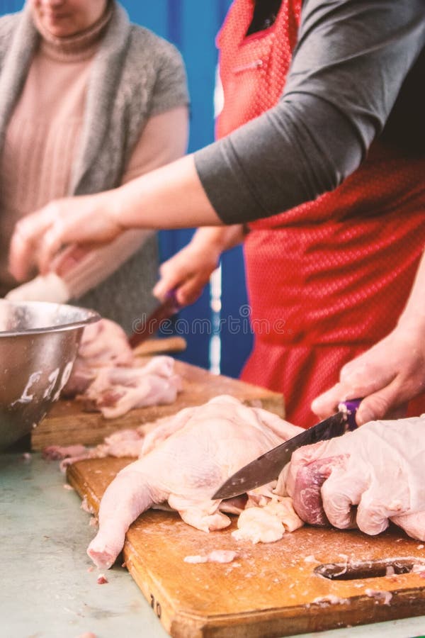 People Cut Chicken in the Kitchen Stock Photo Image of female, meal 248988536