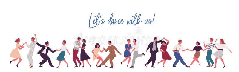 People dancing lindy hop, swing or jazz dance of 40s. Party time in retro rock n roll style. Banner with lettering and